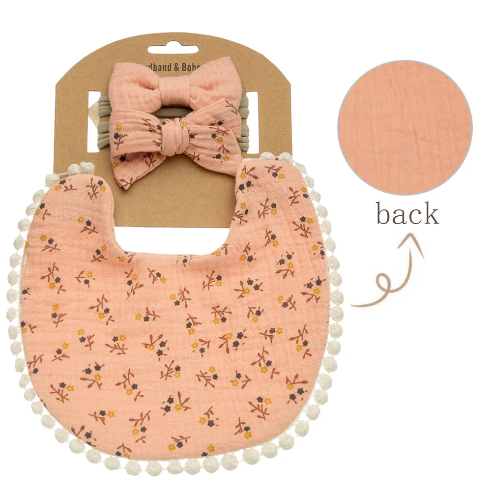 3-Piece Set – Baby Flower Bibs & Headbands, Bow Nylon Hairbands, Double-Side Saliva Towel & Feeding Burp Cloth for Boys & Girls - Kidzy Market