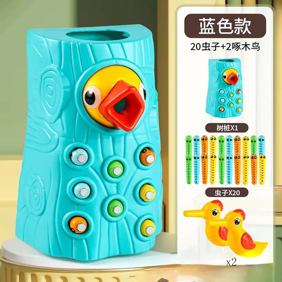 Montessori Educational Toys for Children – Woodpecker Catch Worms Magnetic Game, Toddler Development Busy Board Toy for Kids