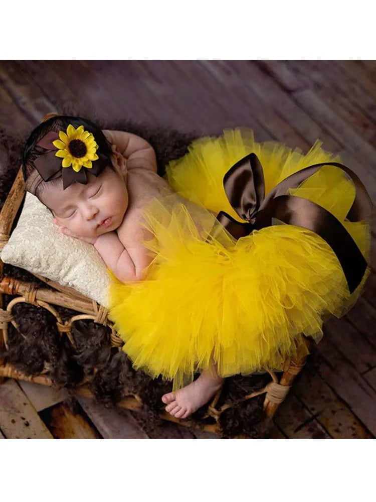 Baby Photography Unique Sunflower Design Newborn Outfit Tutu Bow Skirt Flower Headdress for 0-1 Month