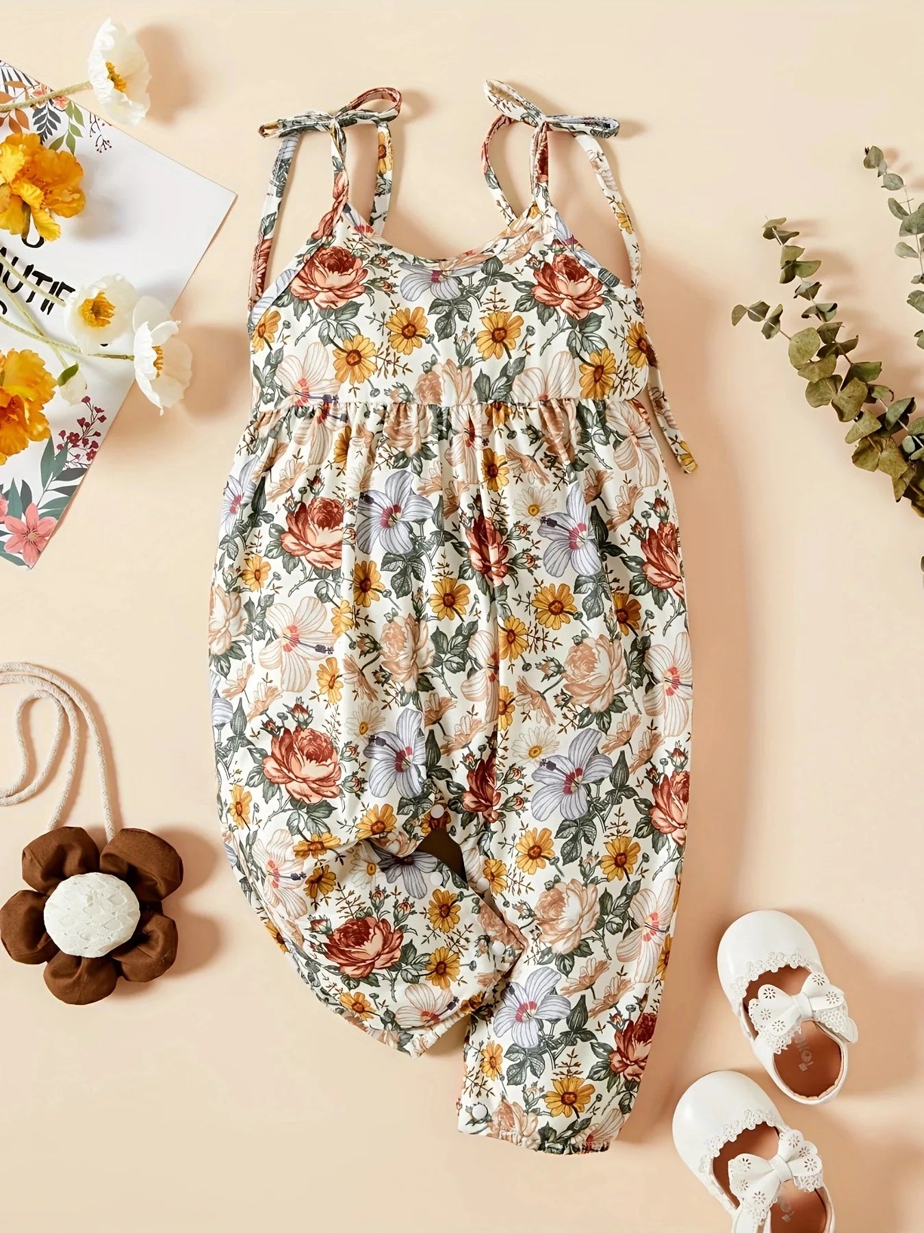 Newborn Baby Girl Daisy Print Jumpsuit – Tie-Up Long Pants Romper (Summer, 0-18 Months)