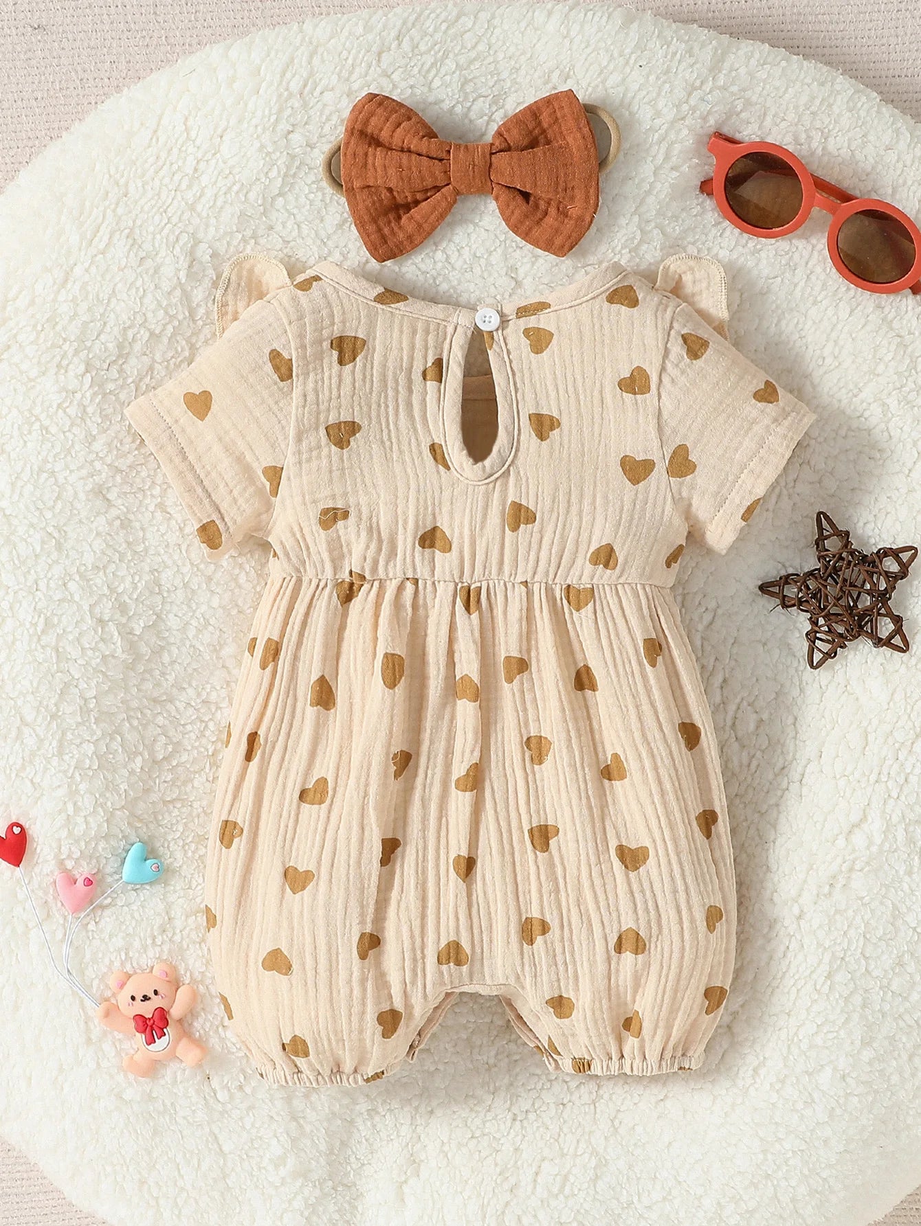 Baby Girl Summer Jumpsuit – Short Sleeve Heart Print Romper with Bow & Headband (Newborn-9M, 2024 Streetwear)