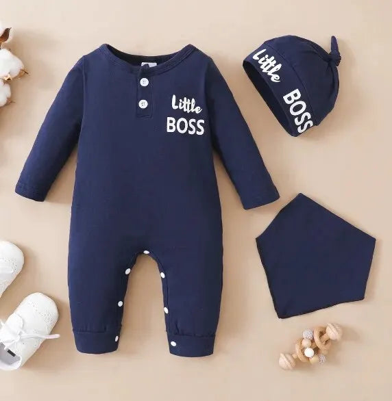 0-12 Months Newborn Baby Boy Bodysuit with Hat – Toddler Romper Long Sleeves, Letter Print Jumpsuit, Fashionable & Cute Daily Wear