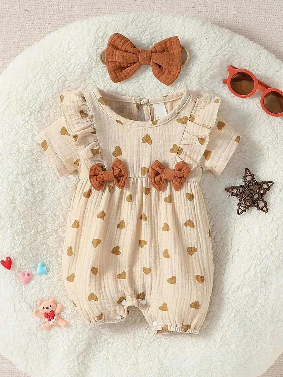 Baby Girl Summer Jumpsuit – Short Sleeve Heart Print Romper with Bow & Headband (Newborn-9M, 2024 Streetwear)