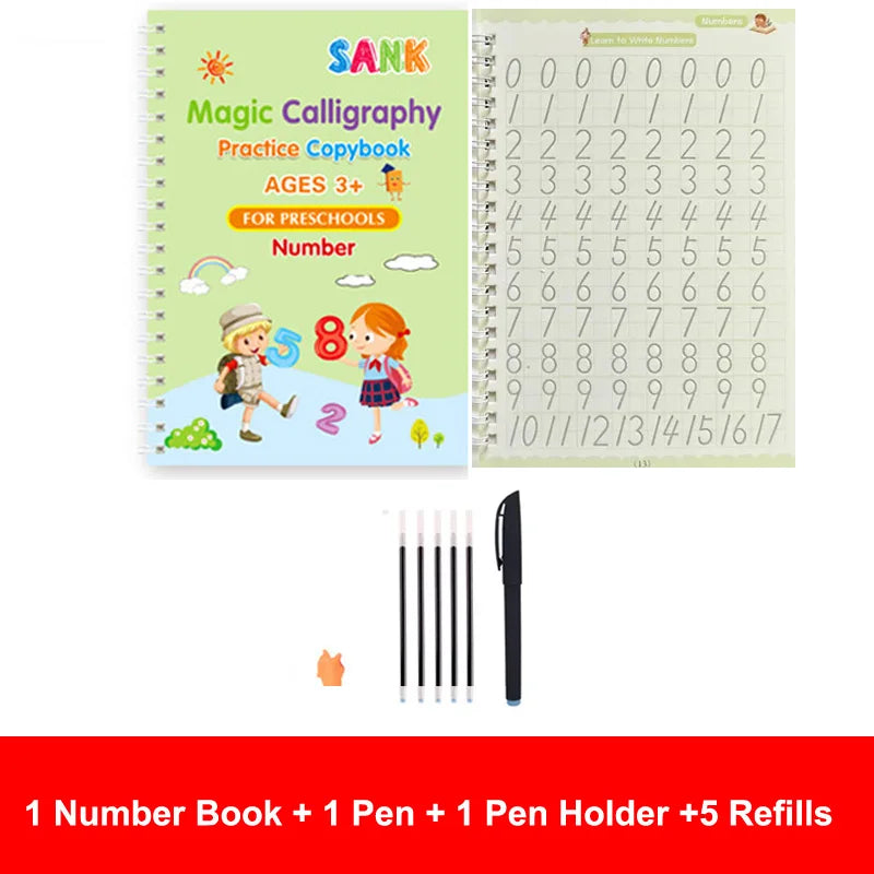 4PCS Sank Magic Practice Copybook Set – Reusable Calligraphy Writing Books for Preschool Kids, English Version with Free Wiping Pens