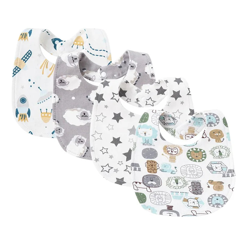 4Pcs/Set Infant Saliva Towel Baby Bibs | Cute Printed Double Layer Cotton Absorbent Burp Cloths for Newborn Boys & Girls with Pocket - Kidzy Market