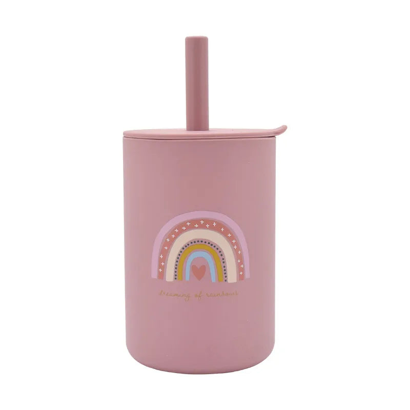 Colorful Baby Silicone Water Cup with Rainbow Print, Food Grade Silicone Sippy Cup, Leakproof, BPA Free Feeding Cup for Toddlers