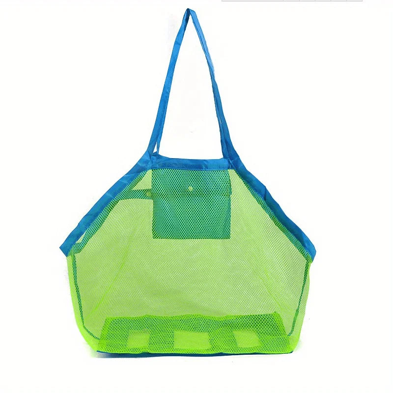Large Mesh Beach Toy Bag With Blue & Green Side Pockets — Durable Seashell Collecting Tote For Sand Toys & Swimming