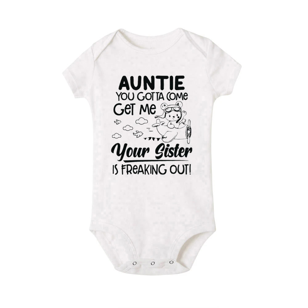 "Auntie, You Gotta Come Get Me" Baby Romper – Funny Letter Print Newborn Bodysuit – Summer Short-Sleeve Infant Clothes (0-1Y)