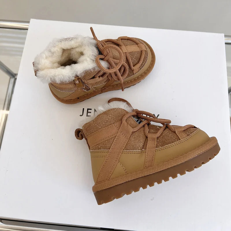 Winter Children Snow Boots Genuine Leather Warm Plush Non-Slip Toddler Boots