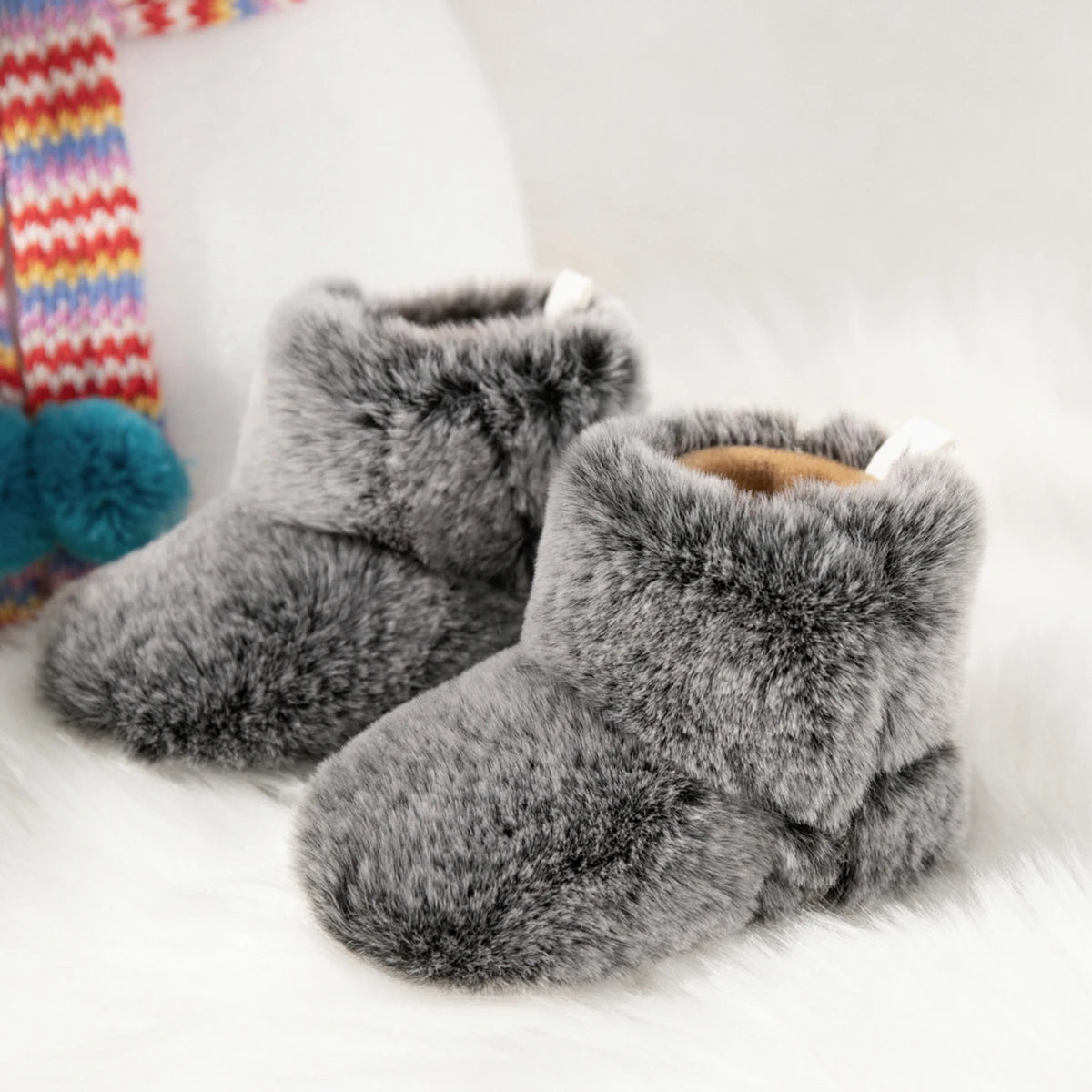 KIDSUN Baby Booties, Newborn Infant Boy Girl Non-Slip Soft Sole Crib Shoes, Toddler Plush Fluff Winter Warm Prewalker Boots