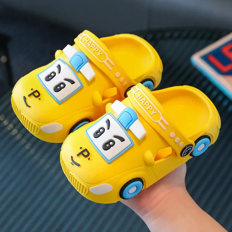 Summer Kids’ Hollow Sandals – Cute Cartoon Car Home Slippers, Breathable Non-Slip Beach Shoes for Boys & Girls