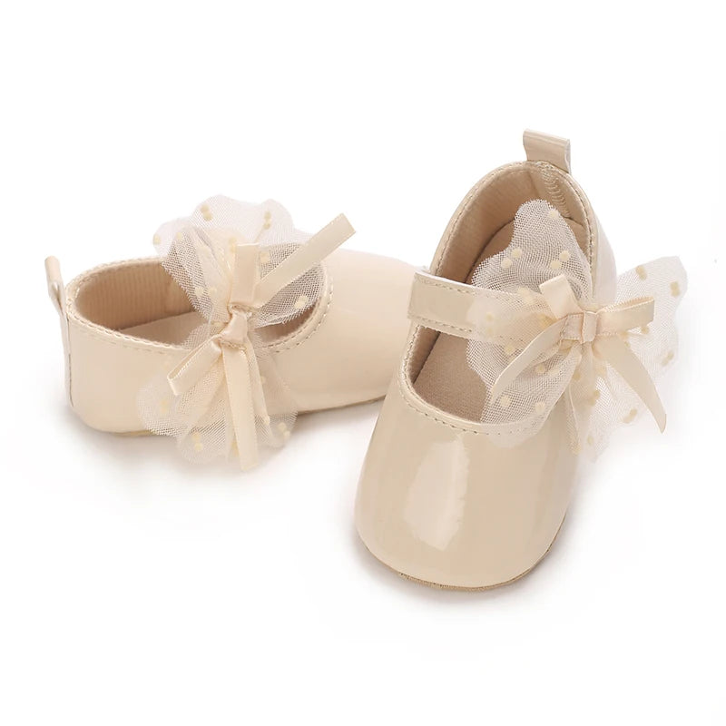 0-18M Lace Bow Mary Jane Spring Baby Shoes – PU Soft Sole Non-Slip First Walker Princess Shoes for Newborn Girls