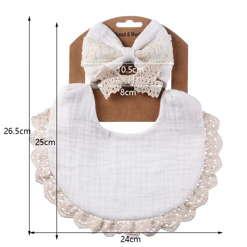 3-Piece Set – Solid Muslin Cotton Baby Bibs & Lace Headbands, Saliva Towel & Feeding Burp Cloths for Boys & Girls with Nylon Hair Bands - Kidzy Market