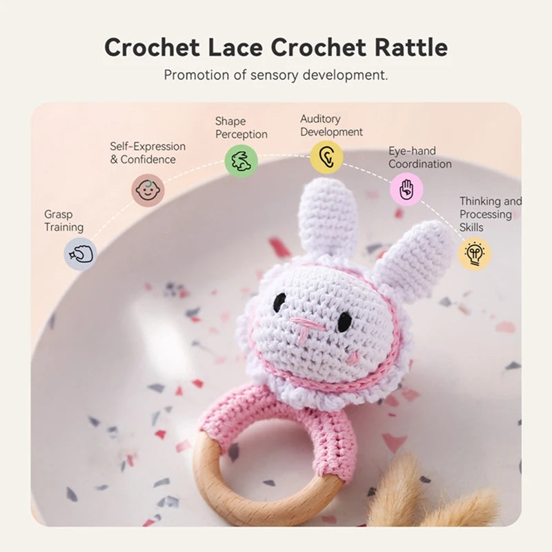 1pc Baby Wooden Teether & Crochet Rattle Toy - BPA-Free Mobile Play Gym, Rodent Rabbit Rattle for Newborns | Educational Baby Gift