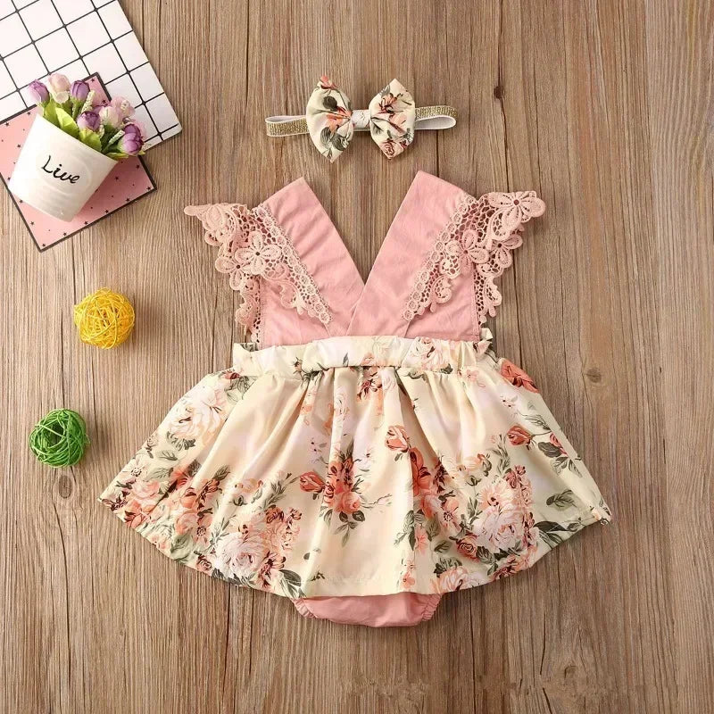Newborn Baby Girl Summer Lace Romper Dress – Floral Flying Sleeve Jumpsuit with Headband (0-18 Months)