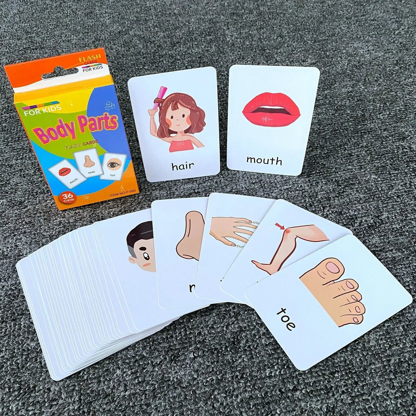36pcs Children Cognition Cards - Body Parts, Animal, Fruits Double-Sided Flashcards, Montessori Early Educational Toys for Baby Kids Gifts