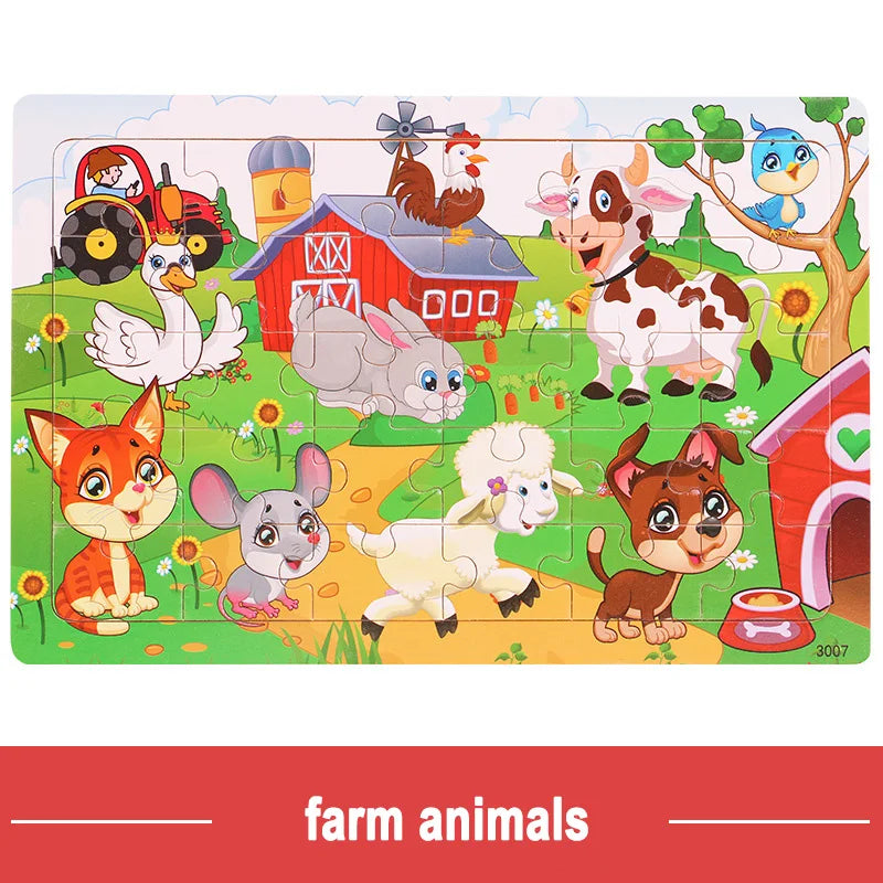 Logic Thinking Wooden Puzzle Game – Animal and Vehicle Cartoon Educational Toy for Kids