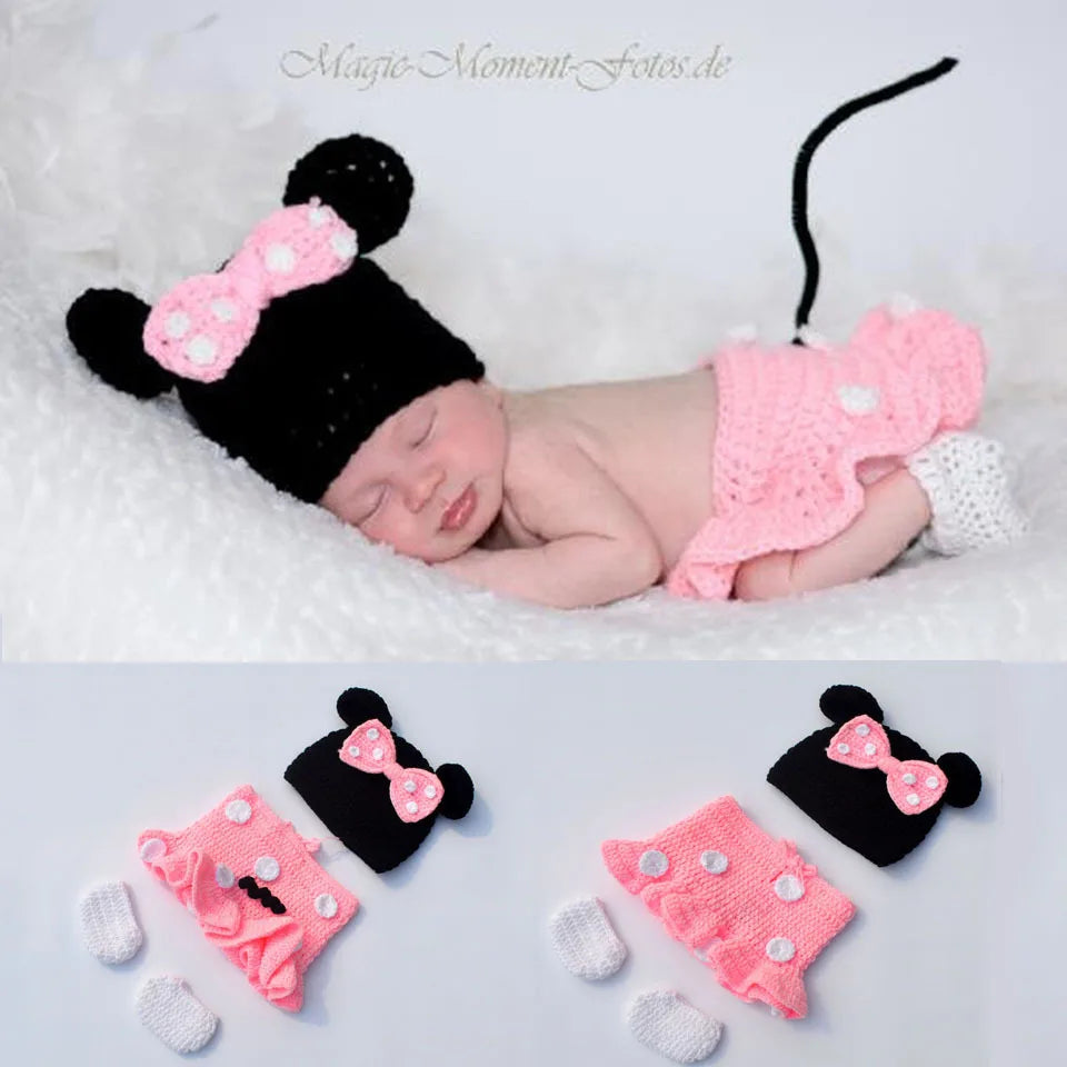 Baby Boy & Girl 3-Pack Minnie Knitted Handmade Photography Props – Newborn 0-3M Baby Clothing Costumes