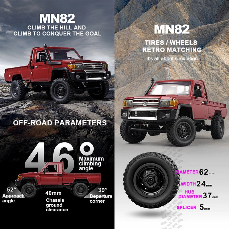 ZWN MN82 1:12 Retro RC Car with LED Lights and 4WD Remote Control Pickup Truck