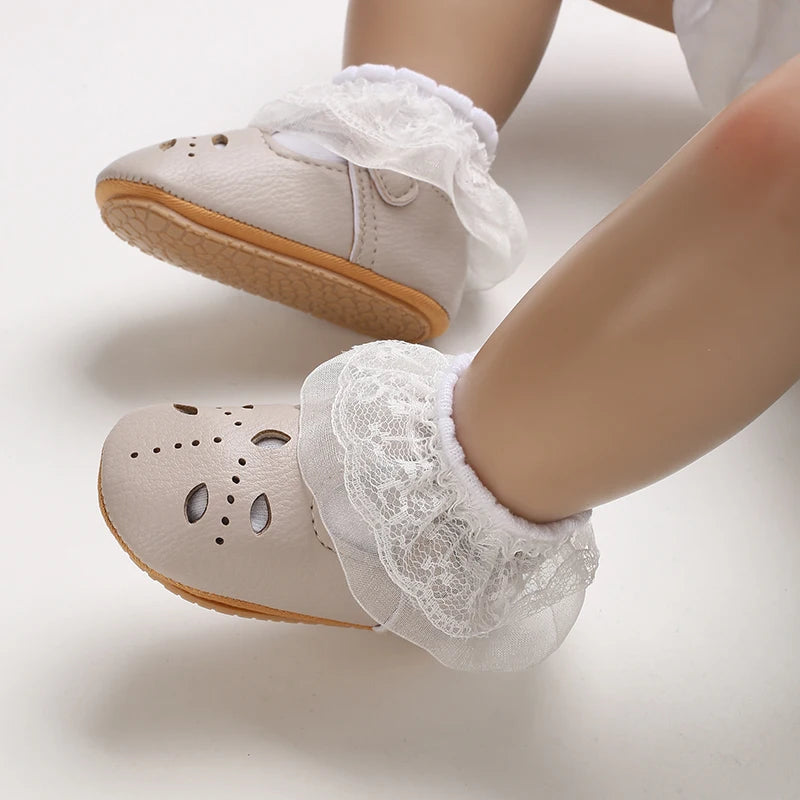 Khaki Baby Casual Shoes 0-18M Infant Toddler Bowknot Non-Slip Rubber Soft-Sole Flat PU First Walker Newborn Mary Janes