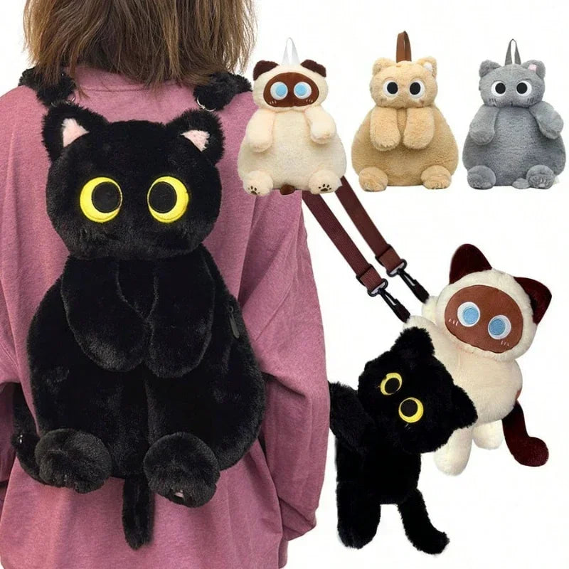 Black Cat Plush Backpack – Big Eyes Kitten Doll Large Capacity Soft Toy Shoulder and Crossbody Bag