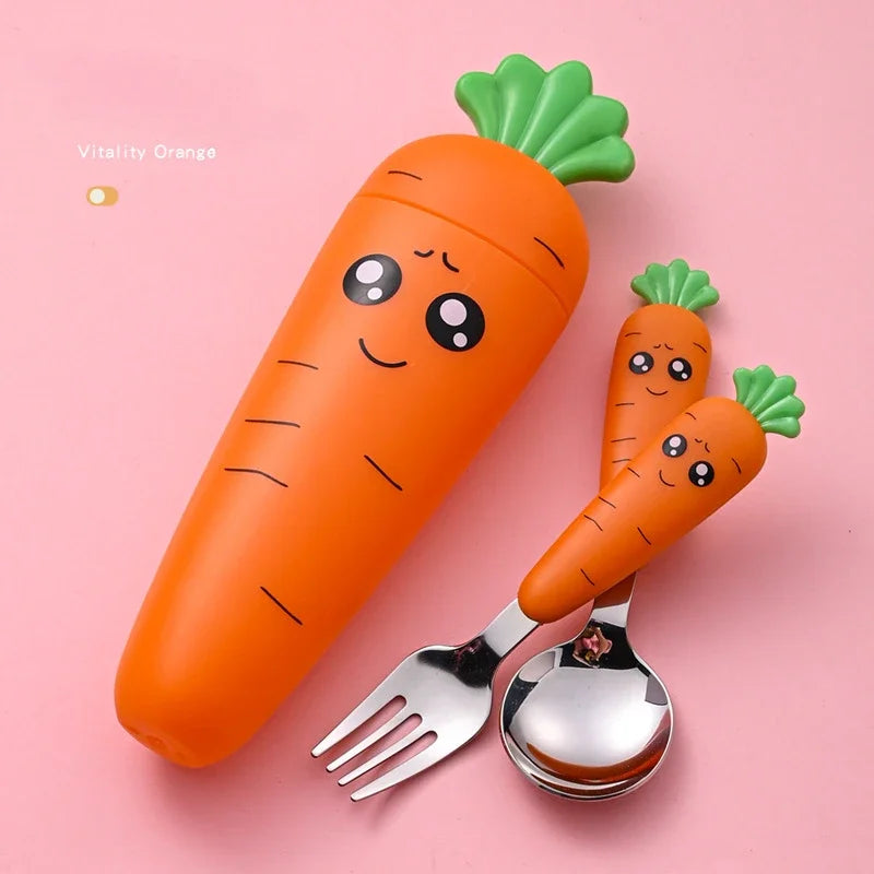 Cartoon Carrot Spoon & Fork Set for Babies - Cute Short Rice Spoon, Children's Tableware, Stainless Steel Feeding Utensils