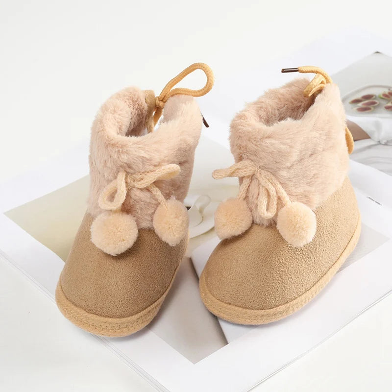 Winter Plus Velvet Snow Booties for Baby, Warm Boots Shoes, Baby Girl Shoes with Pompom, Soft Sole Indoor Walking Shoes