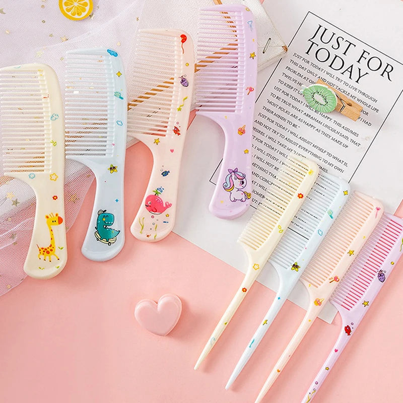 2Pcs/Set Cute Kids Hairdressing Comb - Anti-static Pointed Tail Comb for Girls - Whale Dinosaur Giraffe Unicorn Hair Comb
