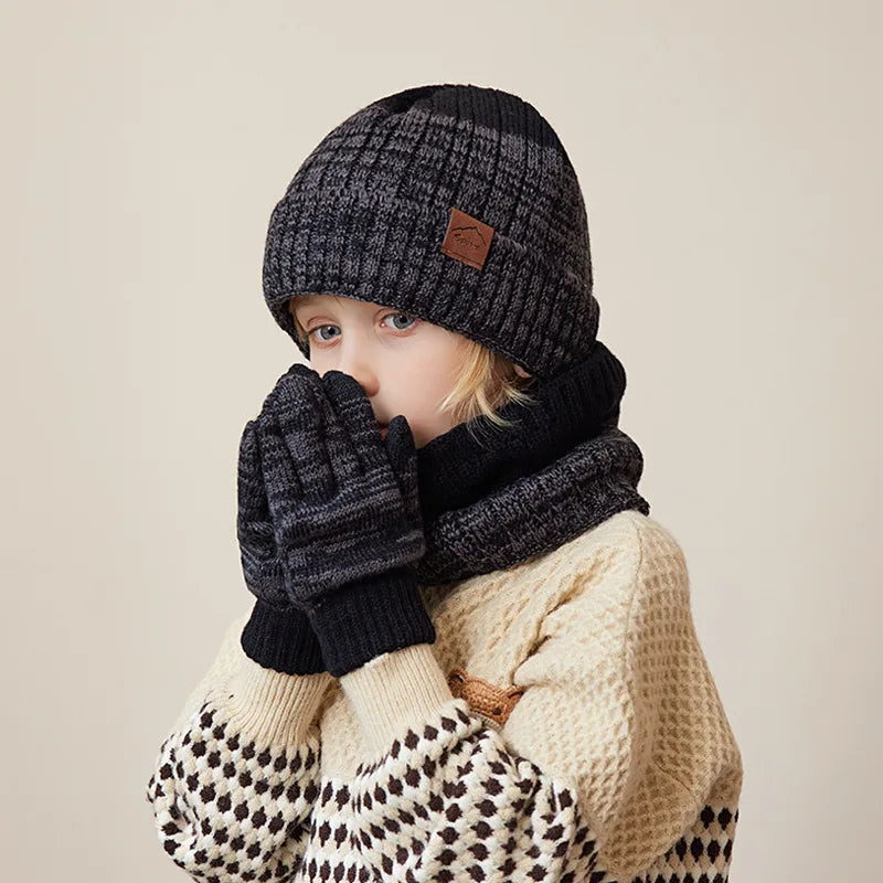 Winter Children’s Hat, Scarf & Gloves Set – Knitted Beanie with Thick Velvet Lining – Warm Neck Warmer & Mittens for Boys & Girls (4-10Y)