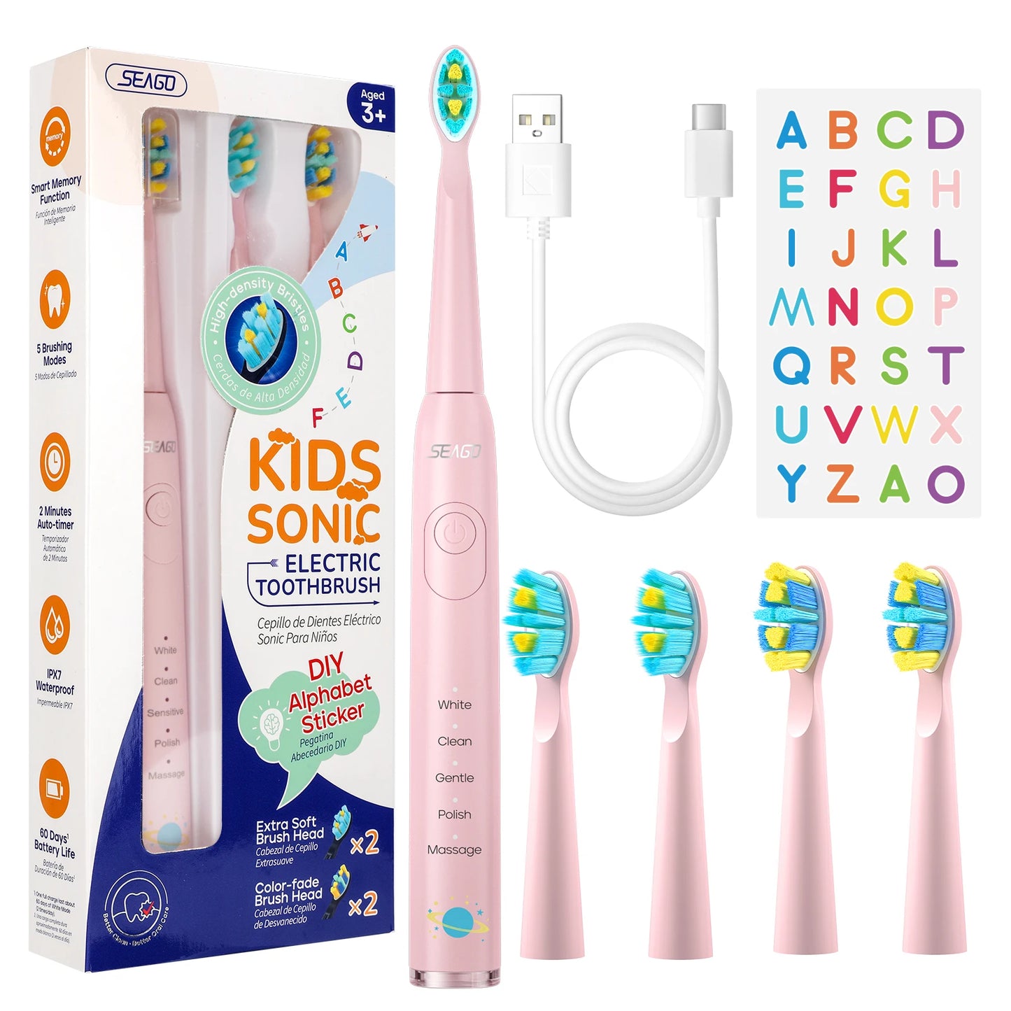 Seago Kids Electric Toothbrush for 6+ Years - 5 Modes Rechargeable IPX7 Waterproof Sonic Toothbrush with Replacement Head SG-2303
