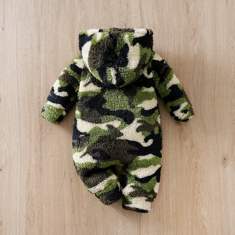 Winter Baby Boy Hoodie Jumpsuit – Plush Camouflage Romper (Fashionable & Warm, 0-1 Year)