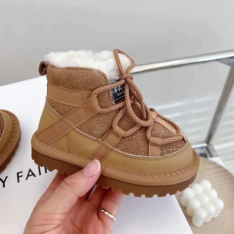 Winter Children Snow Boots Genuine Leather Warm Plush Non-Slip Toddler Boots