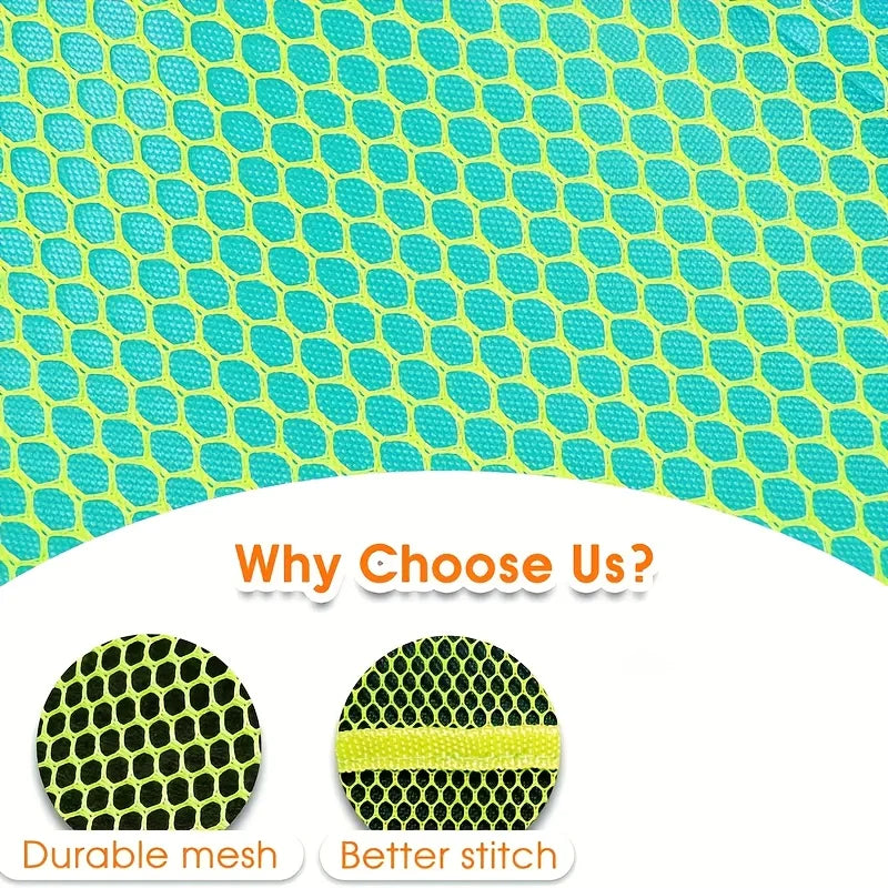 Large Mesh Beach Toy Bag With Blue & Green Side Pockets — Durable Seashell Collecting Tote For Sand Toys & Swimming