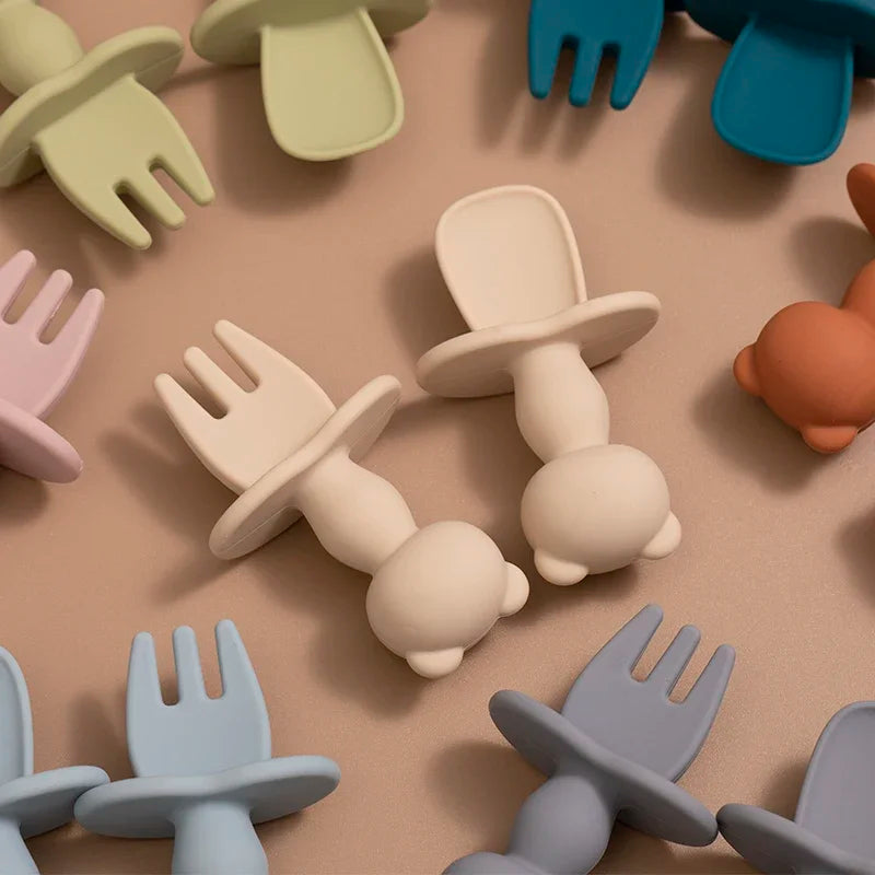 Food Grade Soft Silicone Baby Feeding Set – Cartoon Panda Mini Fork & Spoon for Toddlers – Safe Infant Training Utensils – Baby Accessories