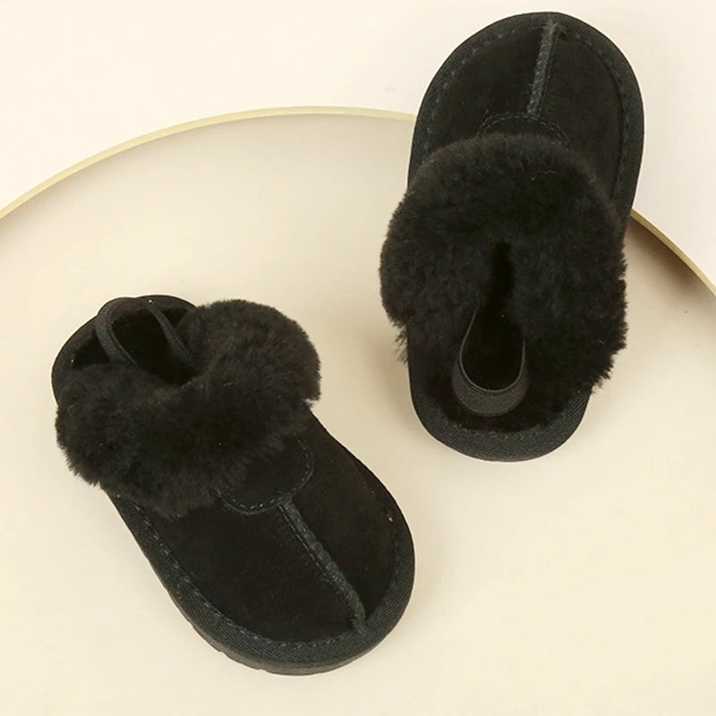 Little Kids Snow Boots, Solid Warm Shallow Boys Girls Genuine Leather Winter Shoes with Thick Plush, Toddler Casual Shoes