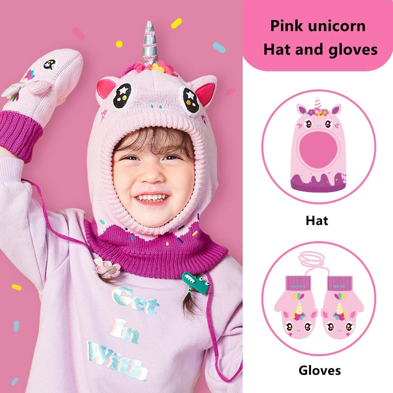 Kids Hat, Scarf & Gloves Set – 3D Dinosaur & Unicorn Modeling, Winter Windproof Knitted Beanie Cap for Baby Girls & Boys, Warm Kids Accessories