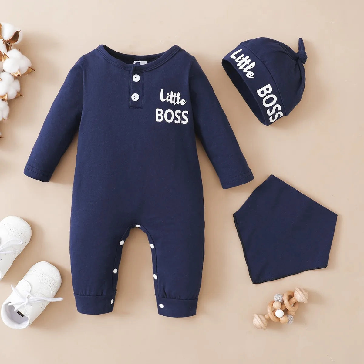 0-12 Months Newborn Baby Boy Bodysuit with Hat – Toddler Romper Long Sleeves, Letter Print Jumpsuit, Fashionable & Cute Daily Wear