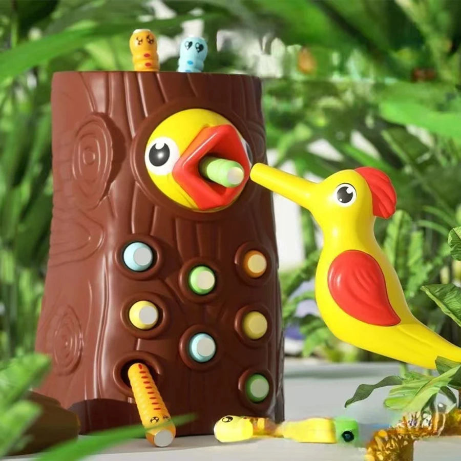 Montessori Educational Toys for Children – Woodpecker Catch Worms Magnetic Game, Toddler Development Busy Board Toy for Kids