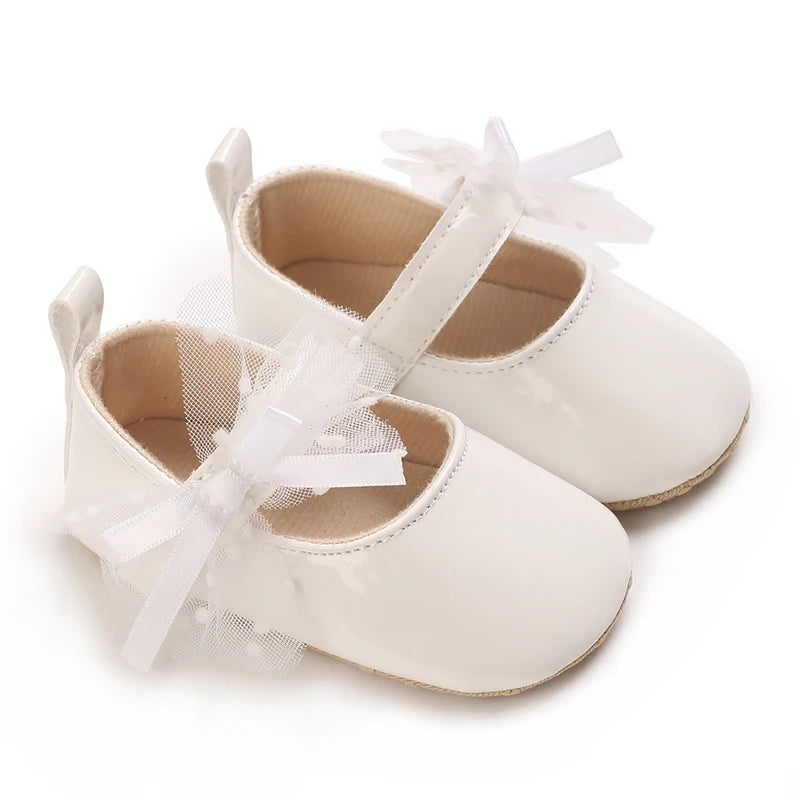 0-18M Lace Bow Mary Jane Spring Baby Shoes – PU Soft Sole Non-Slip First Walker Princess Shoes for Newborn Girls