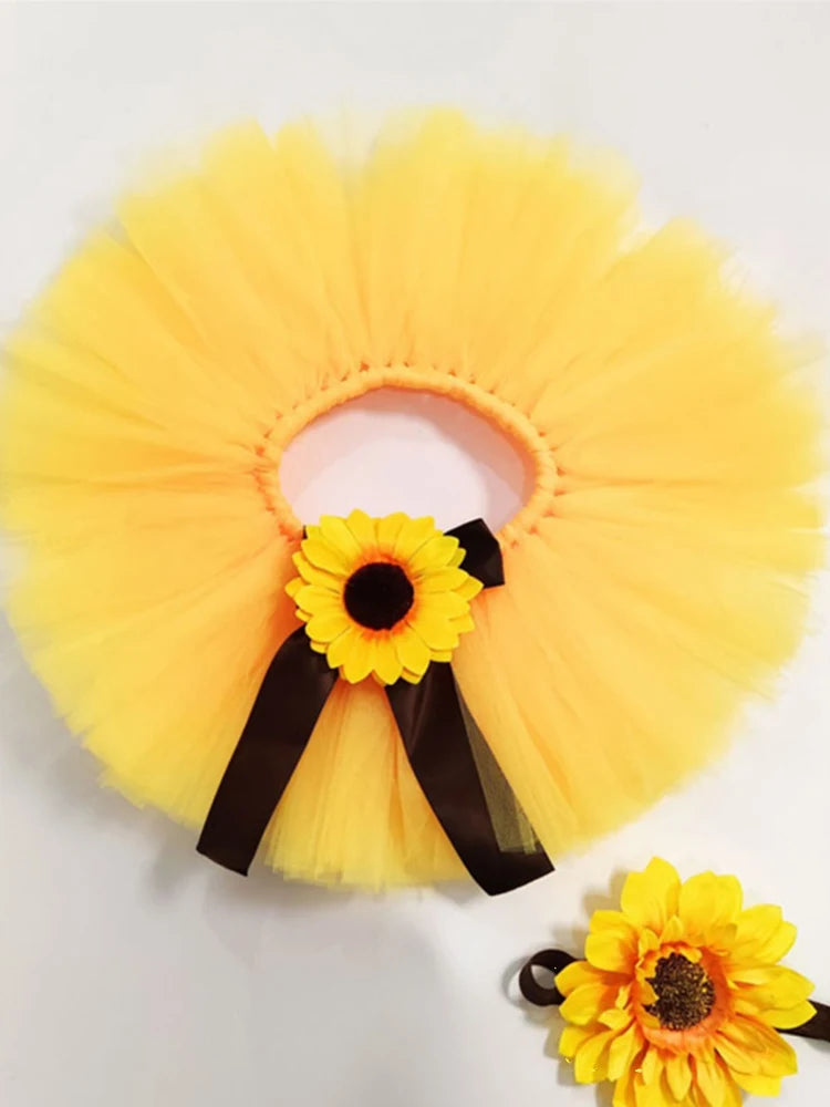 Baby Photography Unique Sunflower Design Newborn Outfit Tutu Bow Skirt Flower Headdress for 0-1 Month