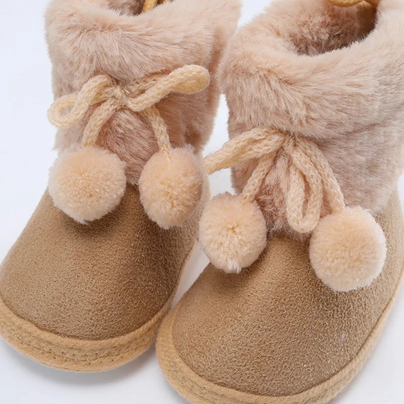 Winter Plus Velvet Snow Booties for Baby, Warm Boots Shoes, Baby Girl Shoes with Pompom, Soft Sole Indoor Walking Shoes