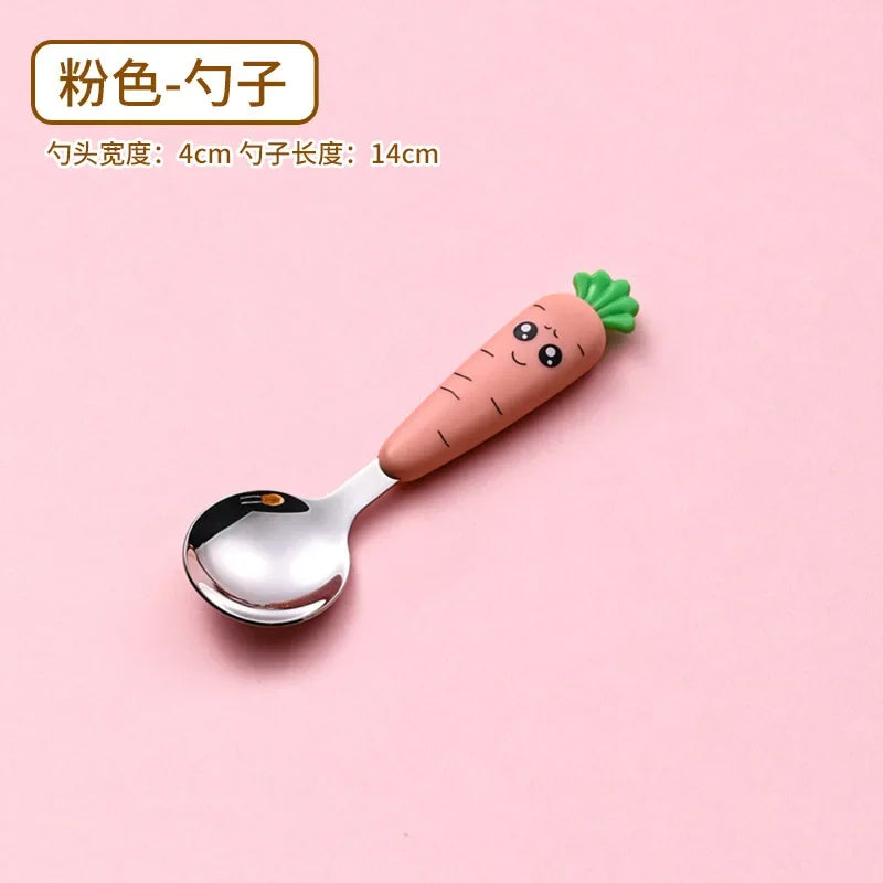 Cartoon Carrot Spoon & Fork Set for Babies - Cute Short Rice Spoon, Children's Tableware, Stainless Steel Feeding Utensils