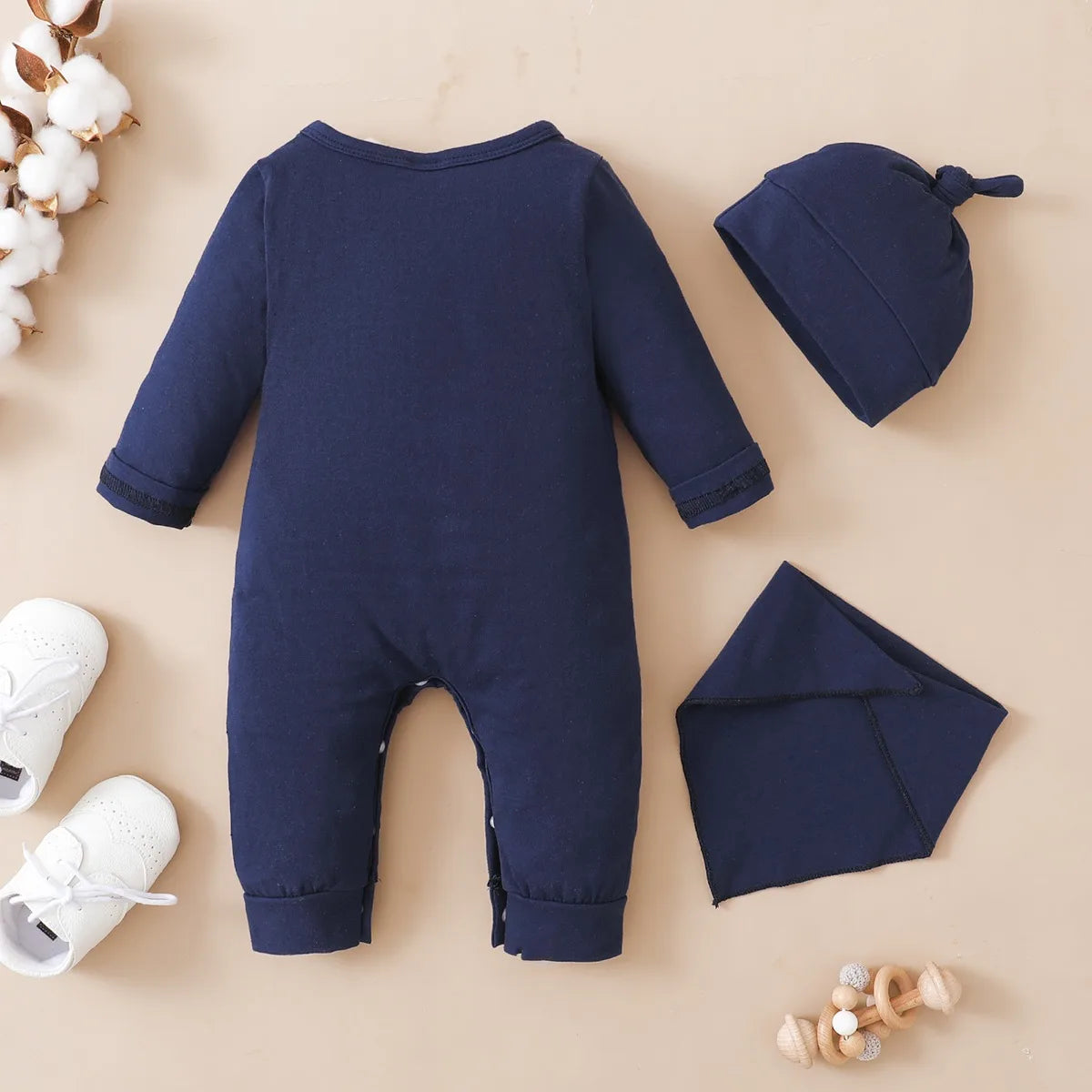 0-12 Months Newborn Baby Boy Bodysuit with Hat – Toddler Romper Long Sleeves, Letter Print Jumpsuit, Fashionable & Cute Daily Wear