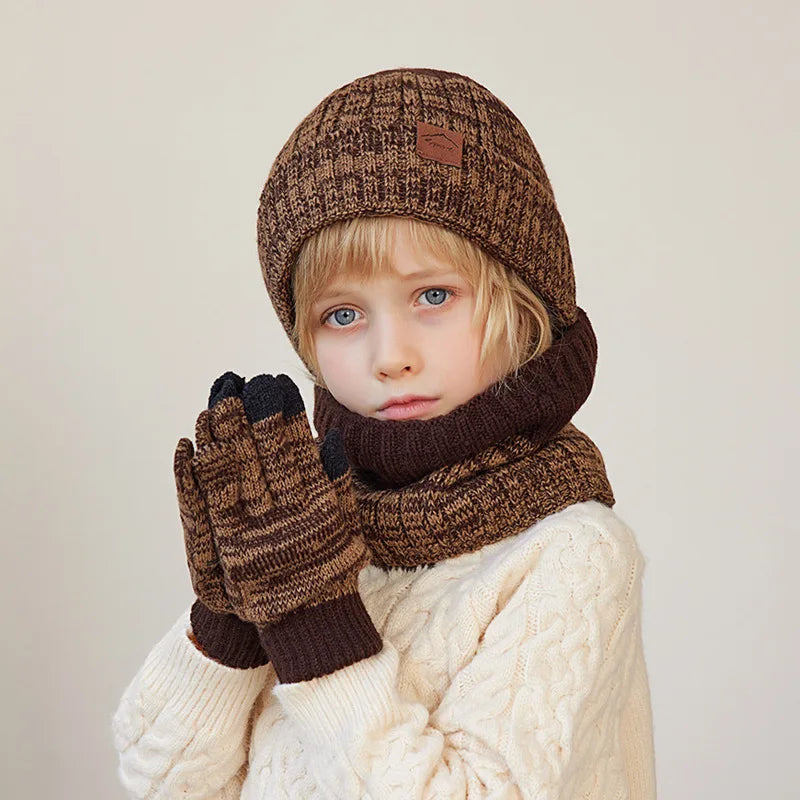 Winter Children’s Hat, Scarf & Gloves Set – Knitted Beanie with Thick Velvet Lining – Warm Neck Warmer & Mittens for Boys & Girls (4-10Y)