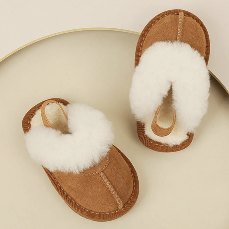 Little Kids Snow Boots, Solid Warm Shallow Boys Girls Genuine Leather Winter Shoes with Thick Plush, Toddler Casual Shoes