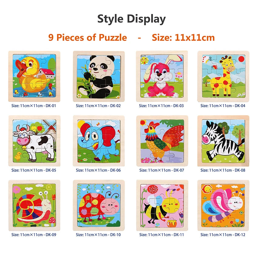11cm (4.33in) Kids Wooden Jigsaw Puzzle – Cartoon Animal and Vehicle Montessori Educational Toy