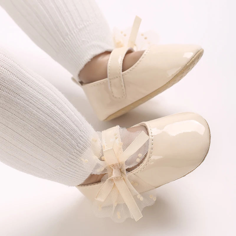 0-18M Lace Bow Mary Jane Spring Baby Shoes – PU Soft Sole Non-Slip First Walker Princess Shoes for Newborn Girls