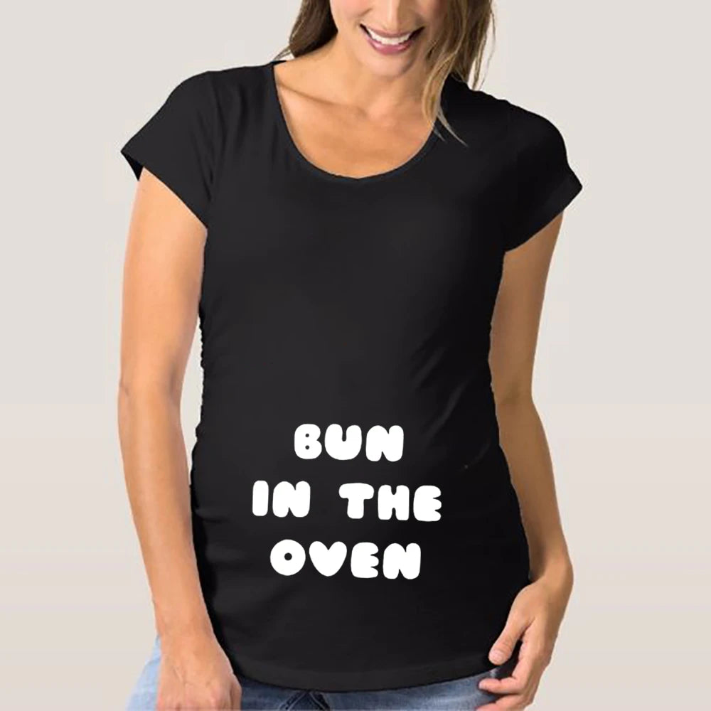 Fun Bun in The Oven Pattern Print Maternity T-shirt Comfortable Short Sleeve Pregnant Tee Women Pregnancy Announcement Clothing