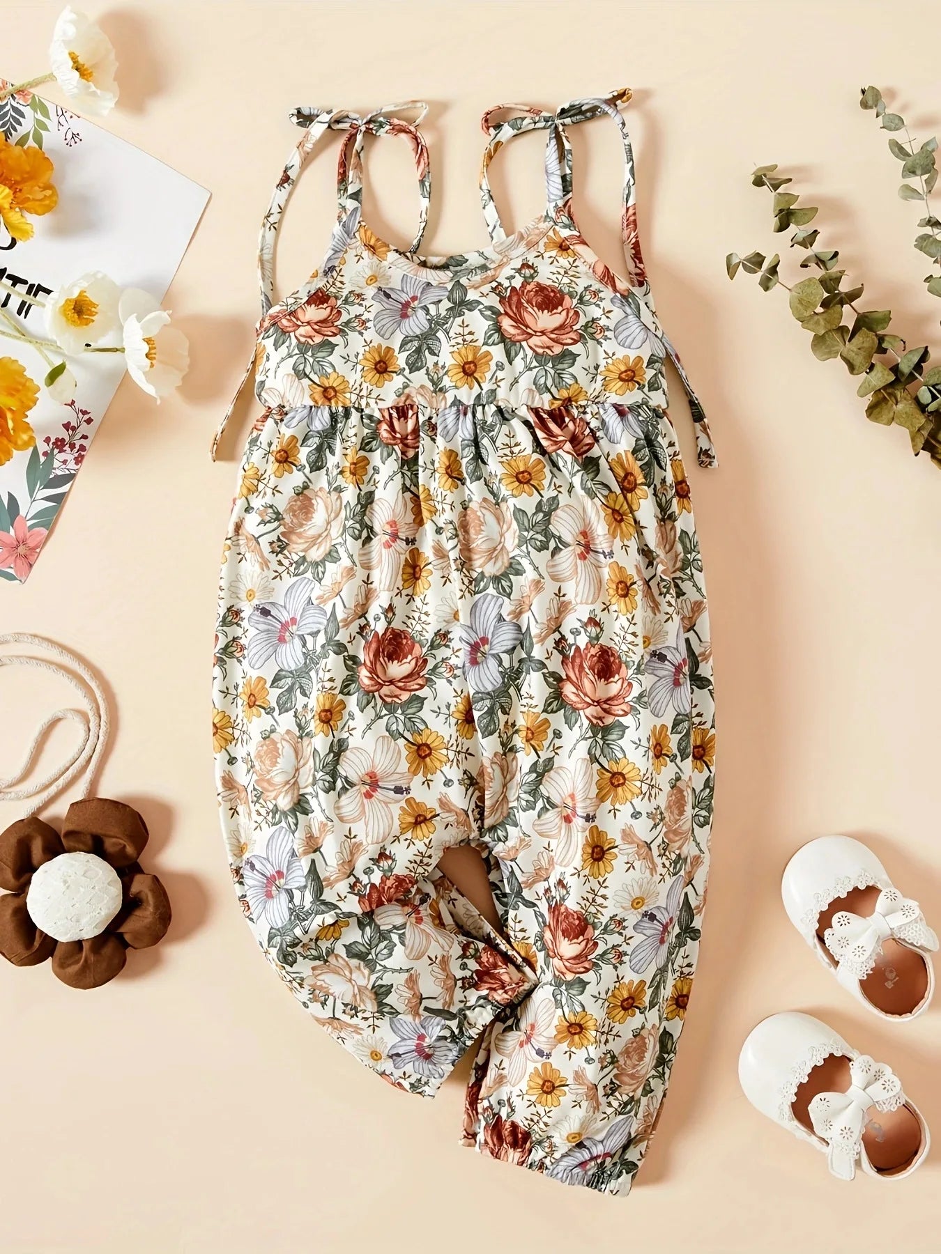 Newborn Baby Girl Daisy Print Jumpsuit – Tie-Up Long Pants Romper (Summer, 0-18 Months)