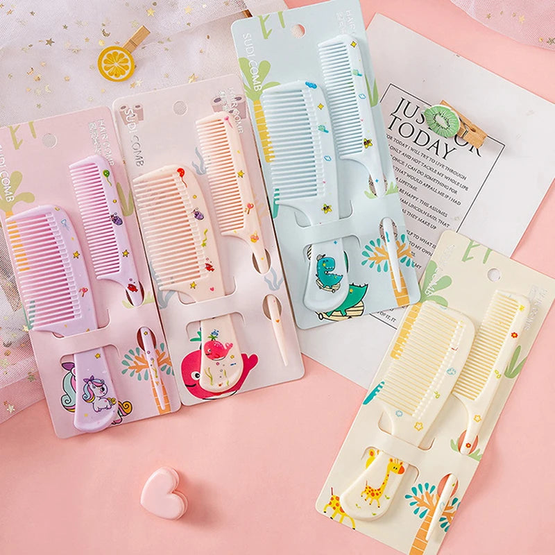2Pcs/Set Cute Kids Hairdressing Comb - Anti-static Pointed Tail Comb for Girls - Whale Dinosaur Giraffe Unicorn Hair Comb